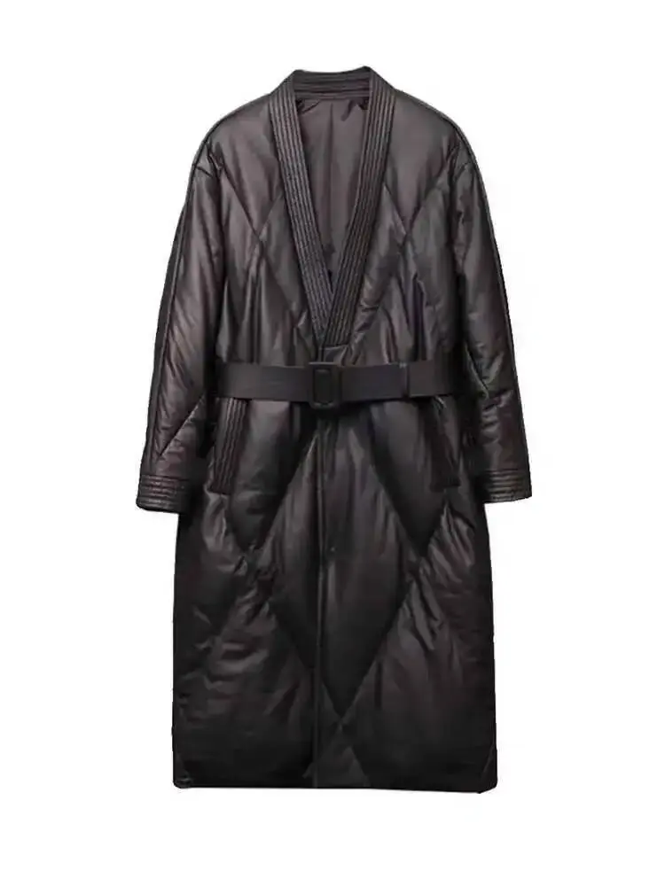 LANMREM Black Fashion Cotton Jacket V Neck Long Sleeves Belt Gathered Waist Female Classic Winter Clothing 2024 New 2DB1405