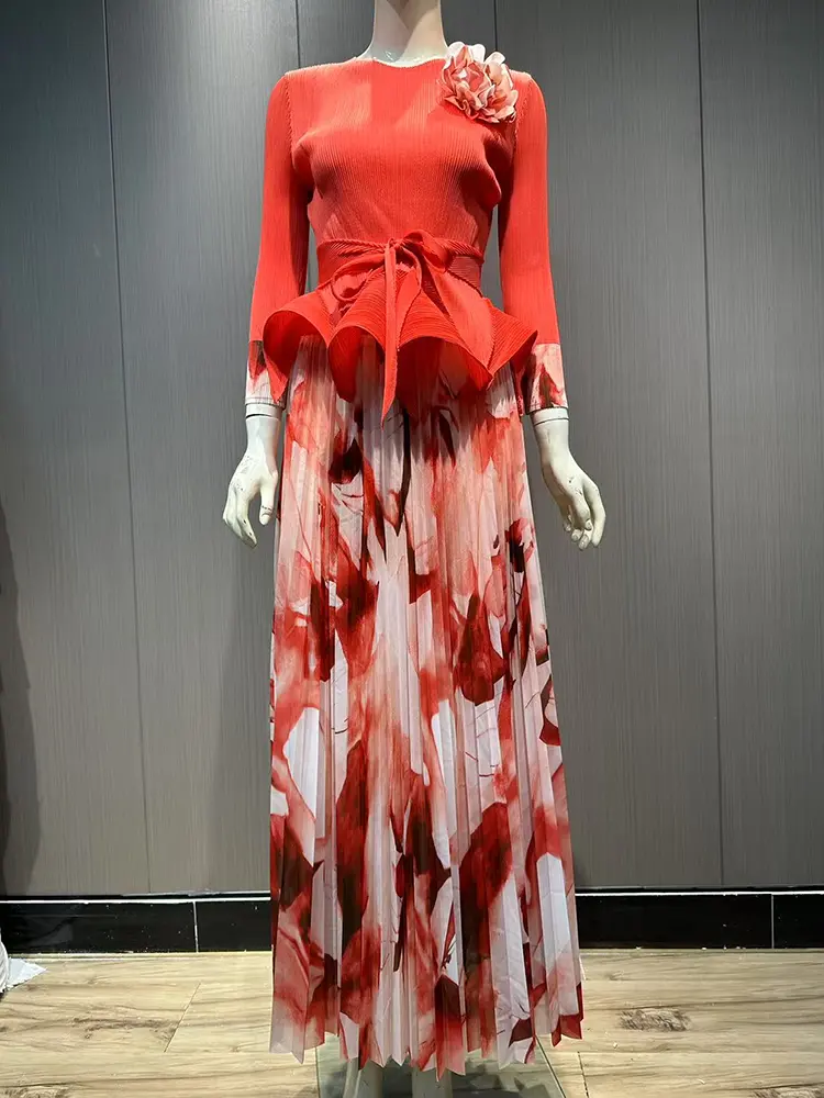 LANMREM 2 Pieces Set Women Fashion Ruffle Hem Flower Pleated T-shirt + Long Printing Skirt Female Trendy Clothing New 2DB2426