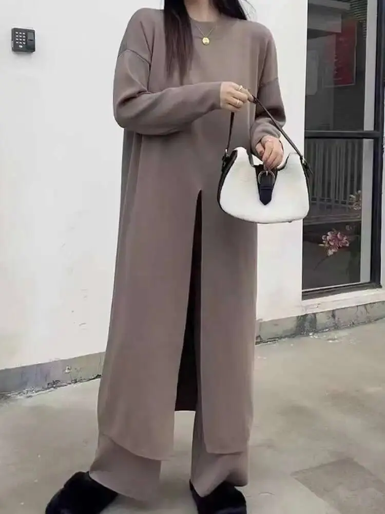 LANMREM 2 Pieces Knitted Sets Women Round Neck Long Sleeves Split Long Pullover With Wide Leg Trousers Autumn Winter 2DB1487