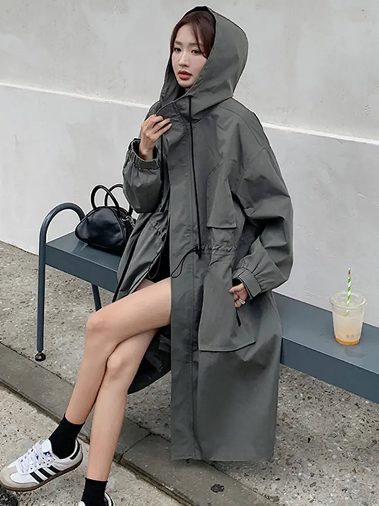 LANMREM Women's Hooded Solid Color Trench Fashion Pockets Zipper Drawstring Gathered Waist Windbreaker 2023 Autumn New 2AA2474