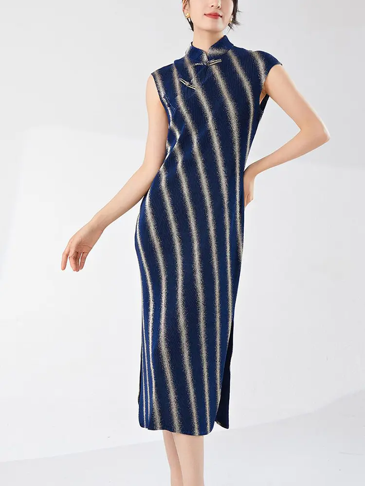 LANMREM High End New Chinese Style Striped Cheongsam Dress For Women Summer Elegance Elastic Slim Sleeveless Dresses 2DB3461