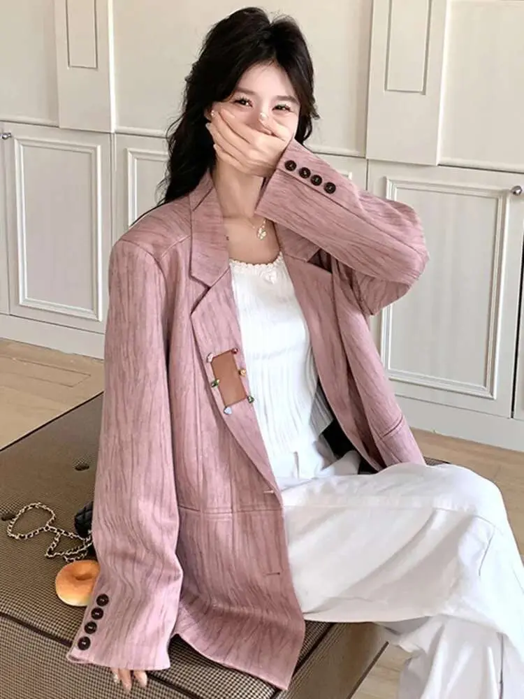 LANMREM Textured Pink Suede Blazer Women's 2025 Spring New Lapel Single Breasted Long Sleeve Fashion Trend Suit Jacket 2DE593