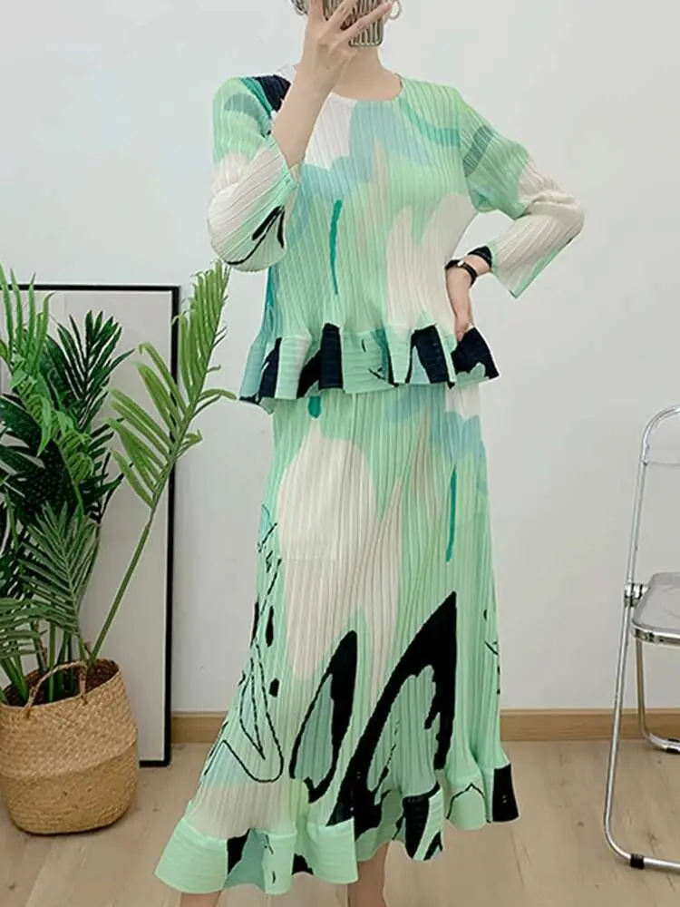 LANMREM Fashion Pleated Printing Sets Women Long Sleeves Tops High Waist Trumpet Skirt Elegant 2025 Spring New Clothing 2AA2563
