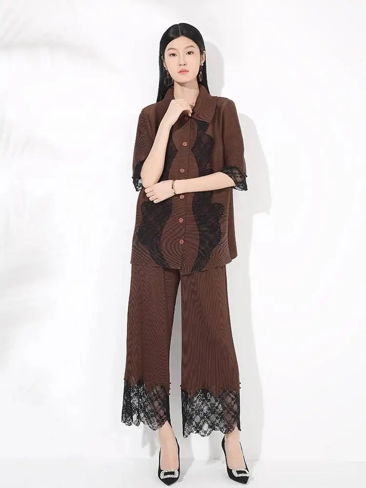 LANMREM Chic Splicing Pleated Women's Two Pieces Set Temperament Laple Single Breasted Half Sleeve Shirt And Straight Leg Pants