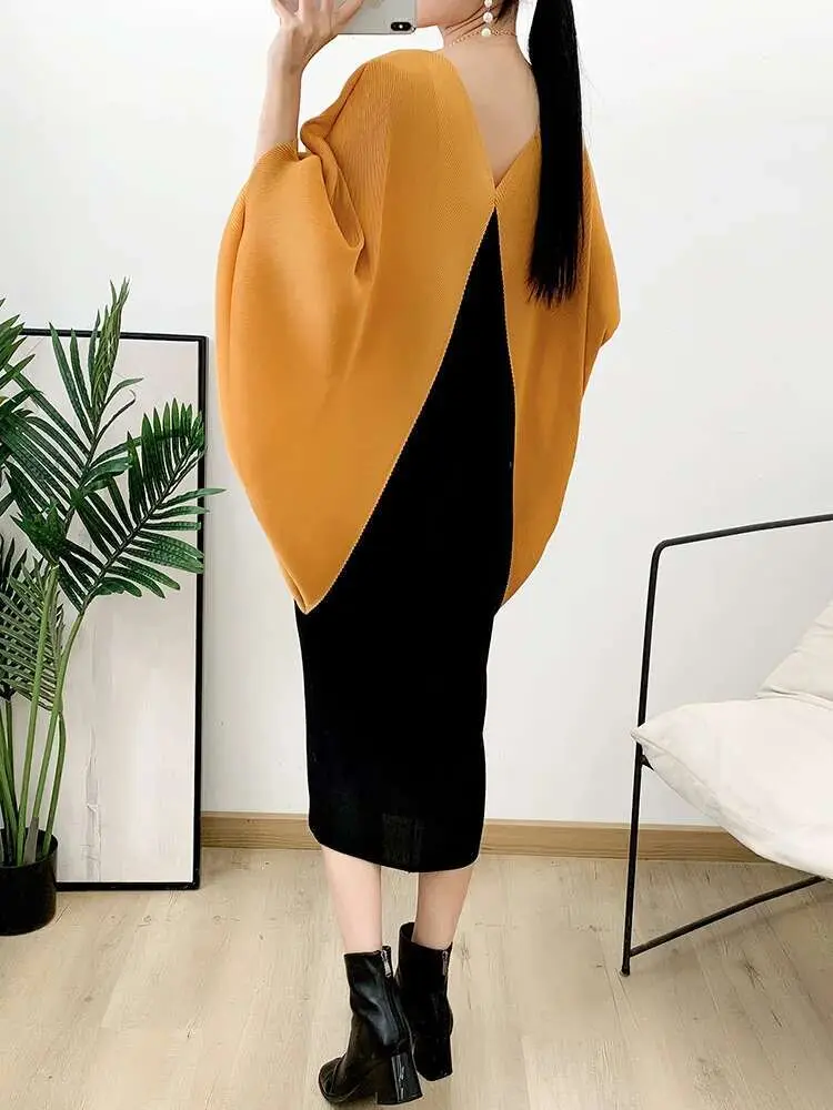LANMREM Stitching Contrast Color Pleated Dress V Neck Batwing Sleeve Elegant Dresses For Women 2025 New Spring Clothing 2Q1196