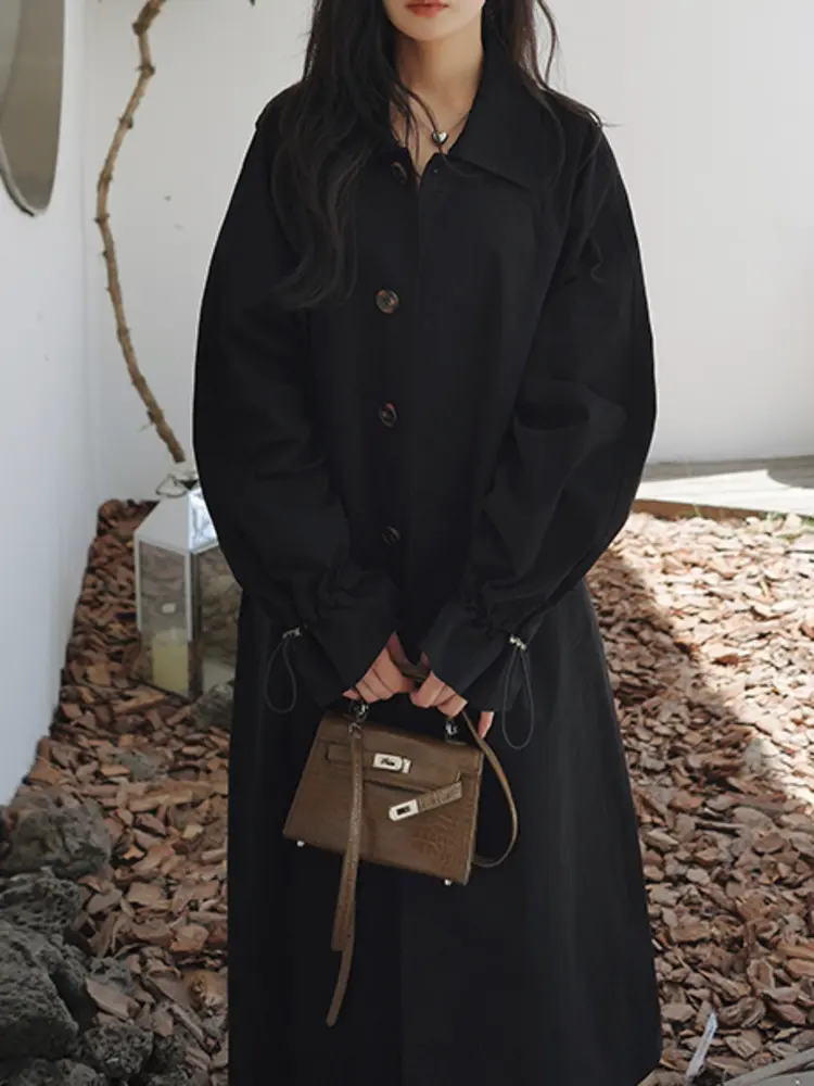 LANMREM Black Trench Coat For Women Long Sleeves Drawstring Loose Size Office Lady Fashion Streetwear Windbreaker Autumn 2DA8100