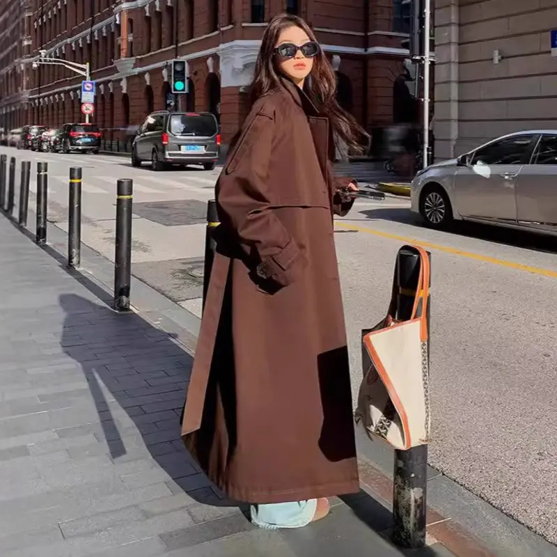 LANMREM Dark Grey Women's Trench Jackets 2025 Autumn New Korean Style Elegant Single-Breasted Simple Loose Long Coat 2DB3654