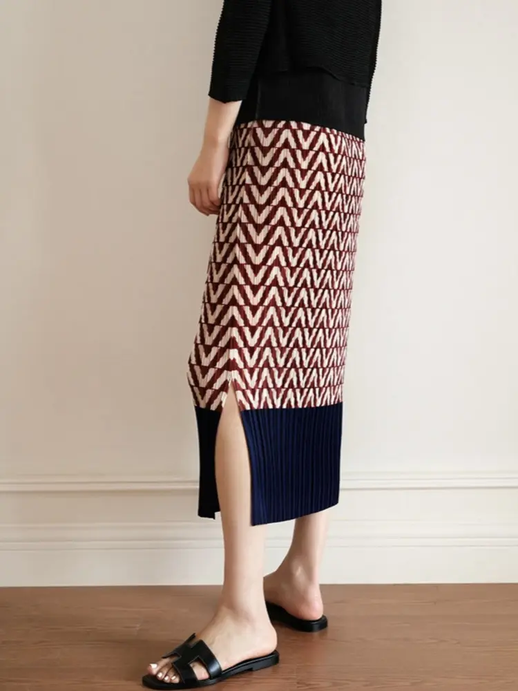 LANMREM Red Geometry Printting Pleated Skirt Women's 2025 New Summer High Elastic Colorblock Skirts With Pockets Chic 2DB3585