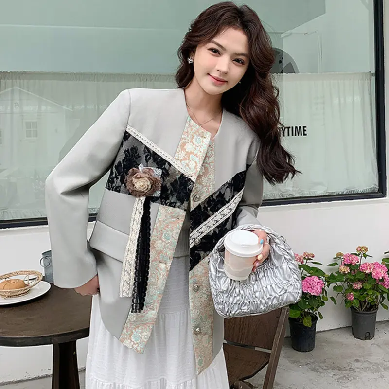 LANMREM Niche Chic Round Collar Single Breasted Women's Blazer Jacket 2025 New Korean Lace Patchwork Design Suit Coat 2DB3649