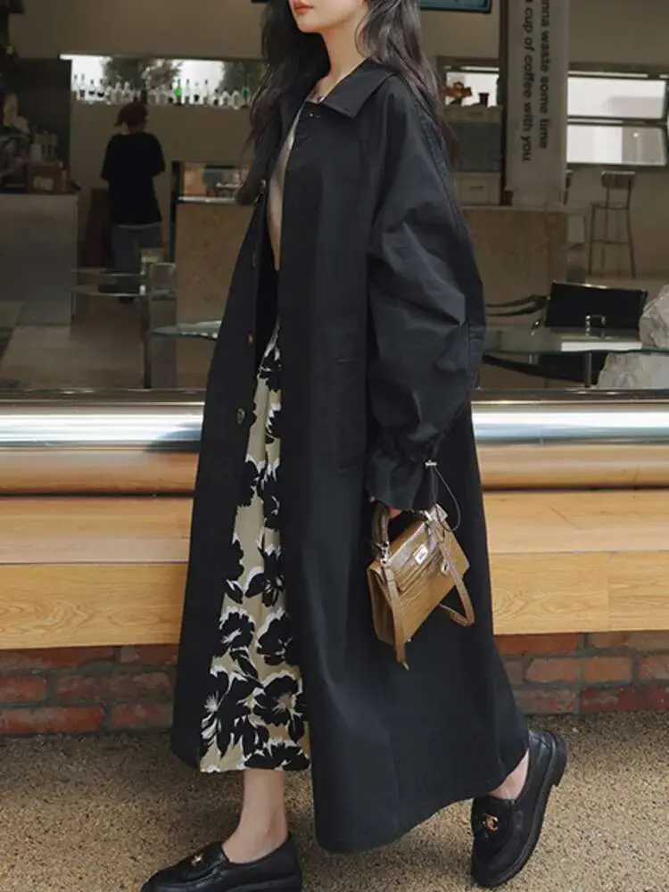 LANMREM Black Trench Coat For Women Long Sleeves Drawstring Loose Size Office Lady Fashion Streetwear Windbreaker Autumn 2DA8100