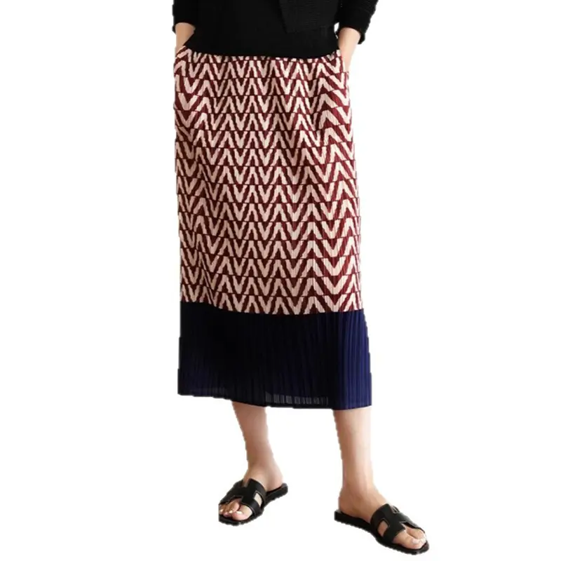 LANMREM Red Geometry Printting Pleated Skirt Women's 2025 New Summer High Elastic Colorblock Skirts With Pockets Chic 2DB3585