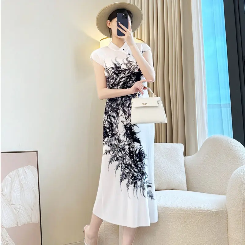 LANMREM Chinese Style Pleated Women's White Cheongsam Short Sleeve Short Sleeve Elastic Slim Temperament Printting Dress 2DB3935