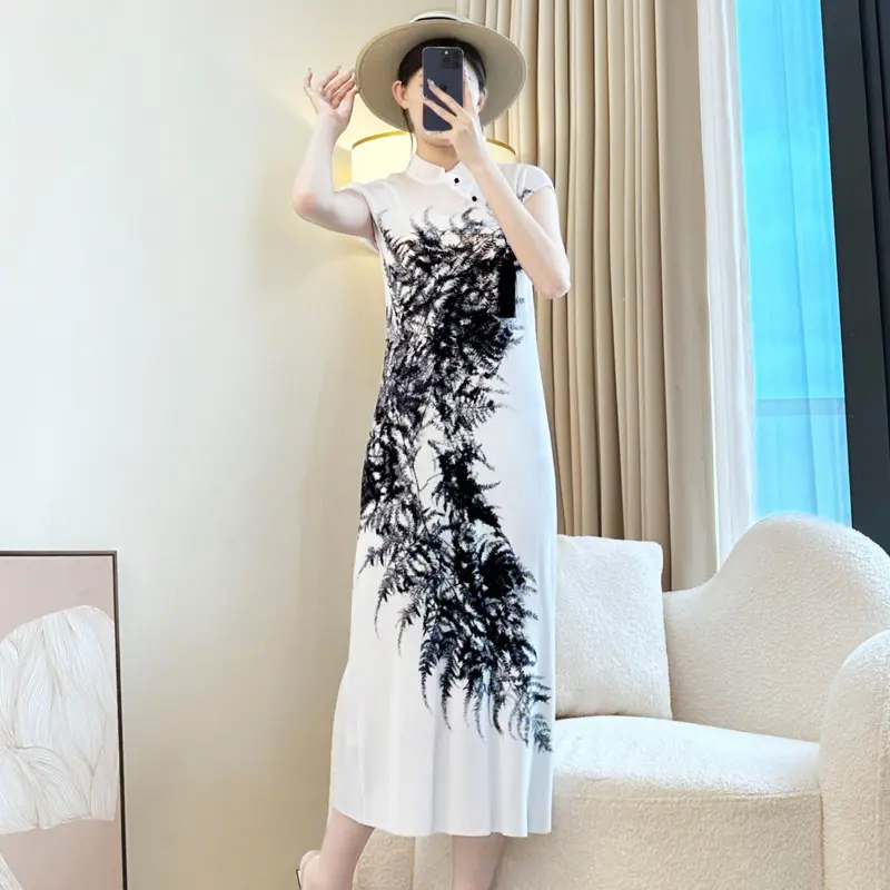 LANMREM Chinese Style Pleated Women's White Cheongsam Short Sleeve Short Sleeve Elastic Slim Temperament Printting Dress 2DB3935