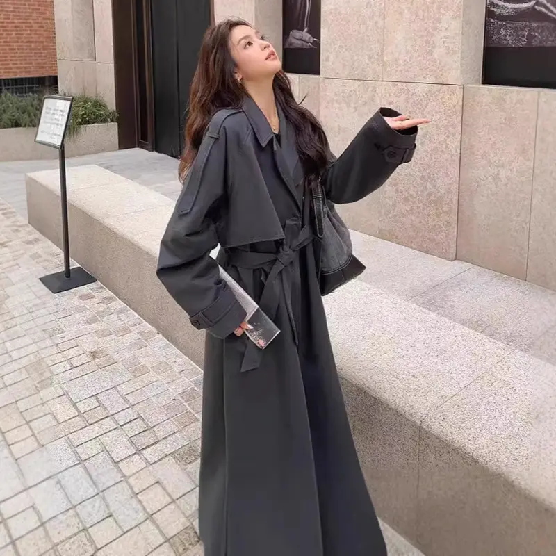 LANMREM Dark Grey Women's Trench Jackets 2025 Autumn New Korean Style Elegant Single-Breasted Simple Loose Long Coat 2DB3654