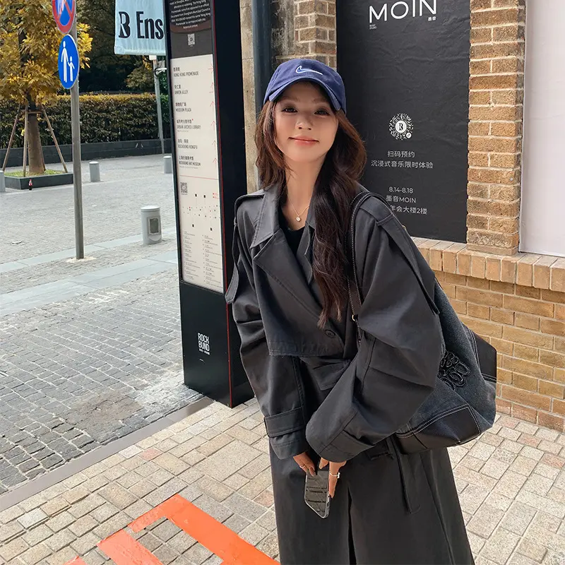 LANMREM Dark Grey Women's Trench Jackets 2025 Autumn New Korean Style Elegant Single-Breasted Simple Loose Long Coat 2DB3654