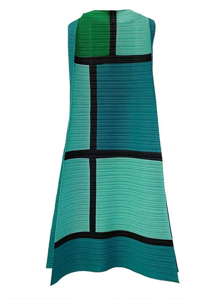 LANMREM Color Block Patchwork Pleated Dresses Famale 2025 Summer Loose Sleeveless Stand Collar Long Dress Women YJ237