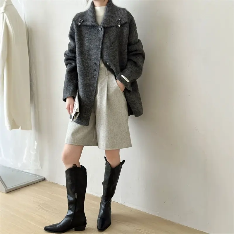 LANMREM Knitting Lapel Collar Long Sleeve Drop Shoulder Women's Double Sided Woolen Coat Autumn Winter Famale Clothing 2DB4151