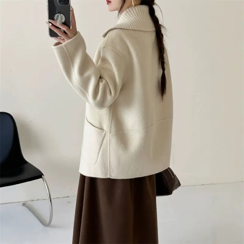 LANMREM Knitting Lapel Collar Long Sleeve Drop Shoulder Women's Double Sided Woolen Coat Autumn Winter Famale Clothing 2DB4151