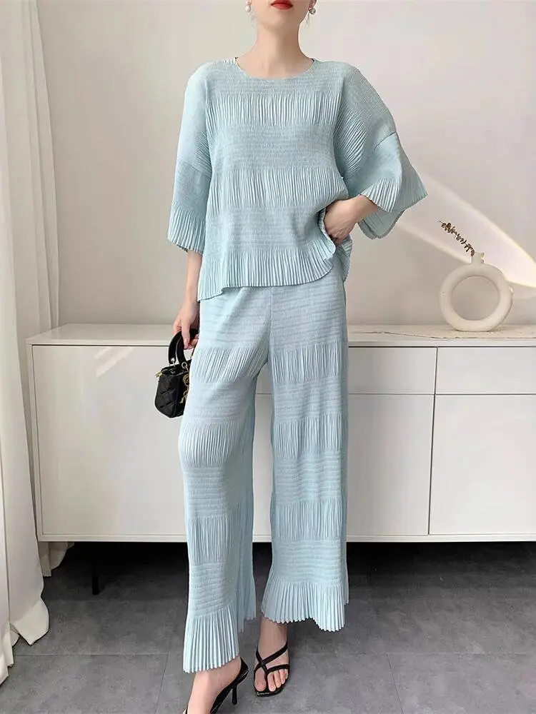 LANMREM High-end Women's Pleated Two Piece Set Summer Chic New O-neck Half Sleeve T-shirt + Wide Leg Straight Pants New 2DB3522