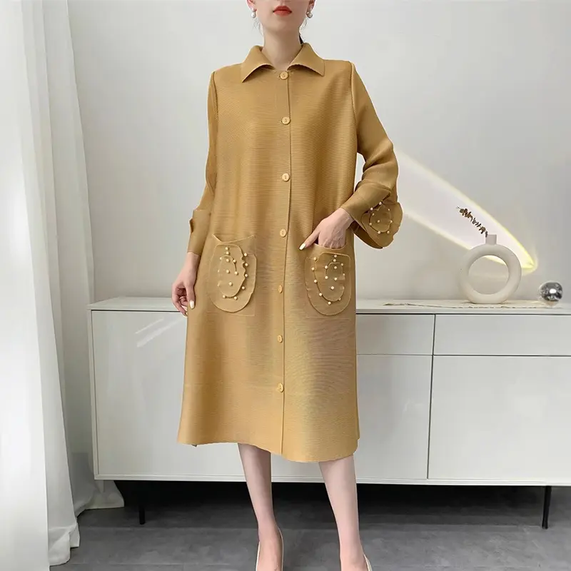 LANMREM Grey Beading Double Pockets Design Women's Pleated Dress Elastic Loose Single Breasted Cardigan Dresses Chic New 2DB3687
