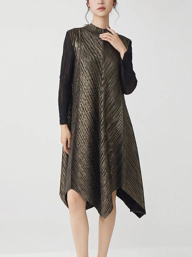 LANMREM Gold Foil Printing Design Irregular Pleated Women's Dress Elastic Loose Long Sleeves High-end Stand Collar Cloth 2DB3554
