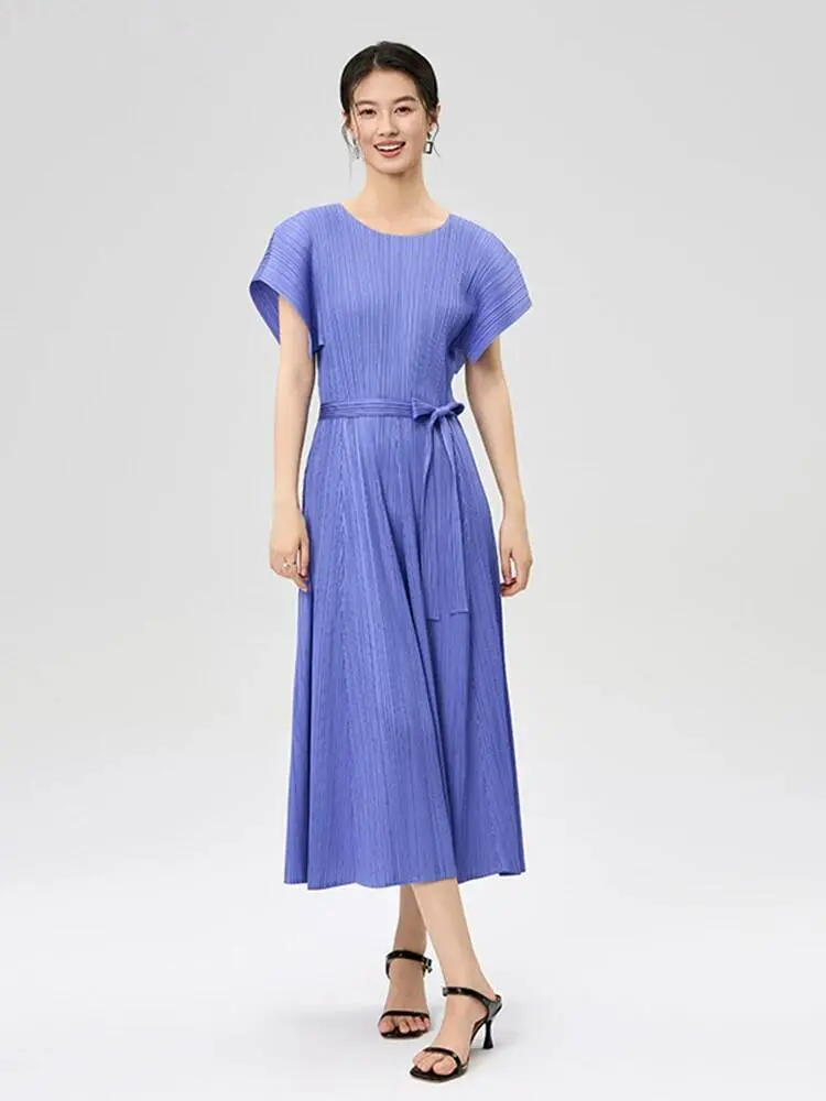 LANMREM Pleated 2025 Summer New Short Sleeve Round Neck French Lace Fold Dress For Women Elegant Elastic Long Dresses 2DB3419