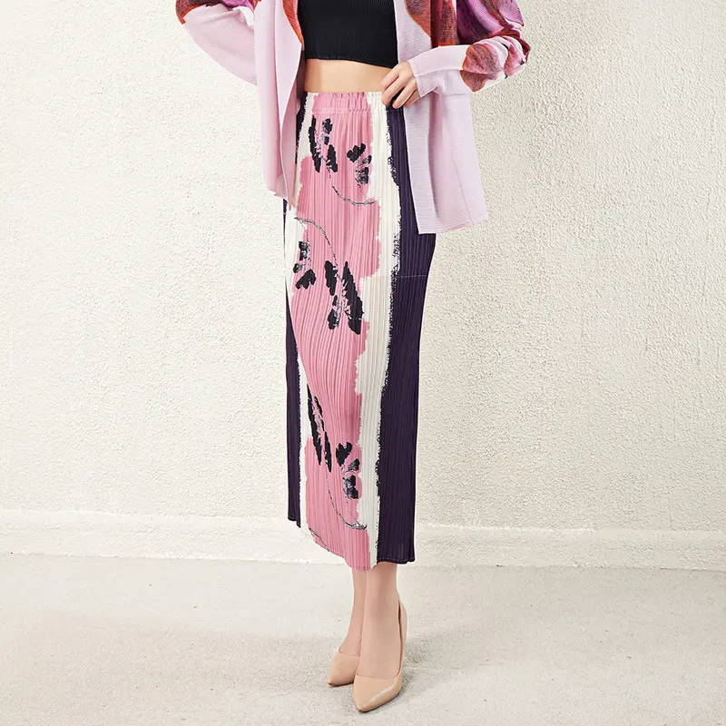 LANMREM Chic Design Ink Print Color Block Skirt For Women Spring Summer 2025 New Elaist High Waist Slim Pleated Skirts 2DB3857