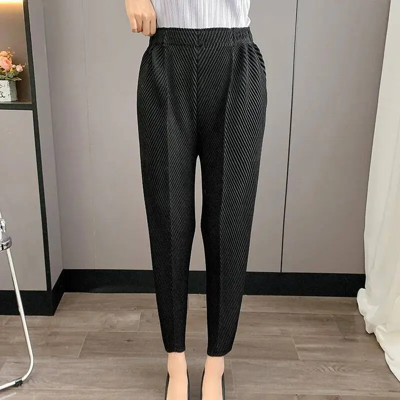 LANMREM Pleated 2025 New Summer High Waist Fish Scale Long Pants Casual Elastic Harem Pants Versatile Loose Trousers 2DB3744