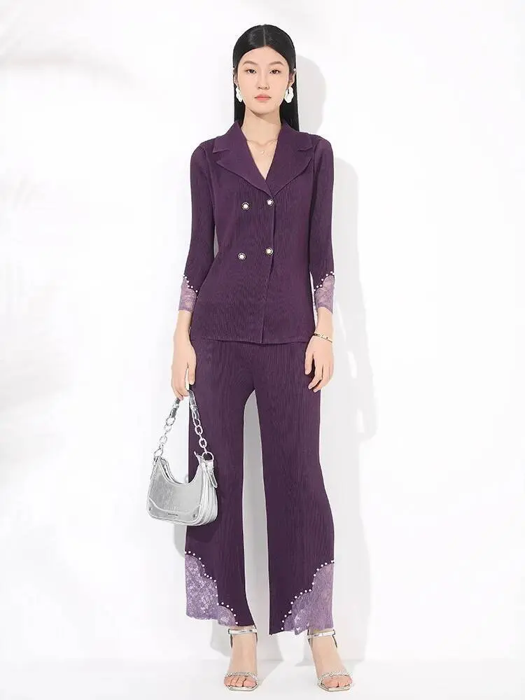 LANMREM Pleated Suit Two Pieces Set For Women Double Breasted Patchwork Coat And High Waist Straight Leg Pants 2DB3409