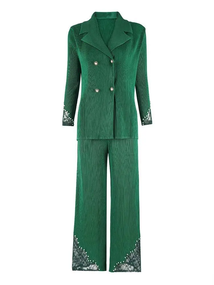 LANMREM Pleated Suit Two Pieces Set For Women Double Breasted Patchwork Coat And High Waist Straight Leg Pants 2DB3409