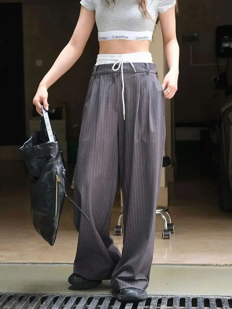 LANMREM Spliced Design Striped Pant For Women High Waist Wide Leg Trousers Office Lady Loose Clothing 2025 Spring New 26C149