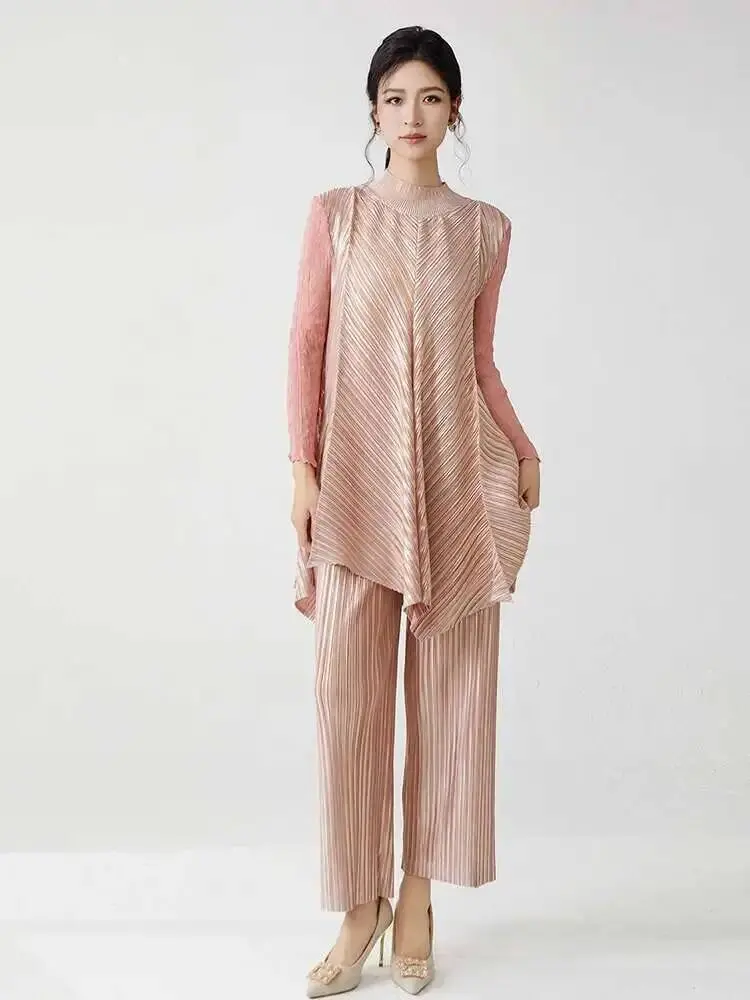 LANMREM High Quality Women's Pleated Two Pieces Sets 2025 New Loose Stand Collar Long Tops And Wide Leg Straight Pants 2DB2679