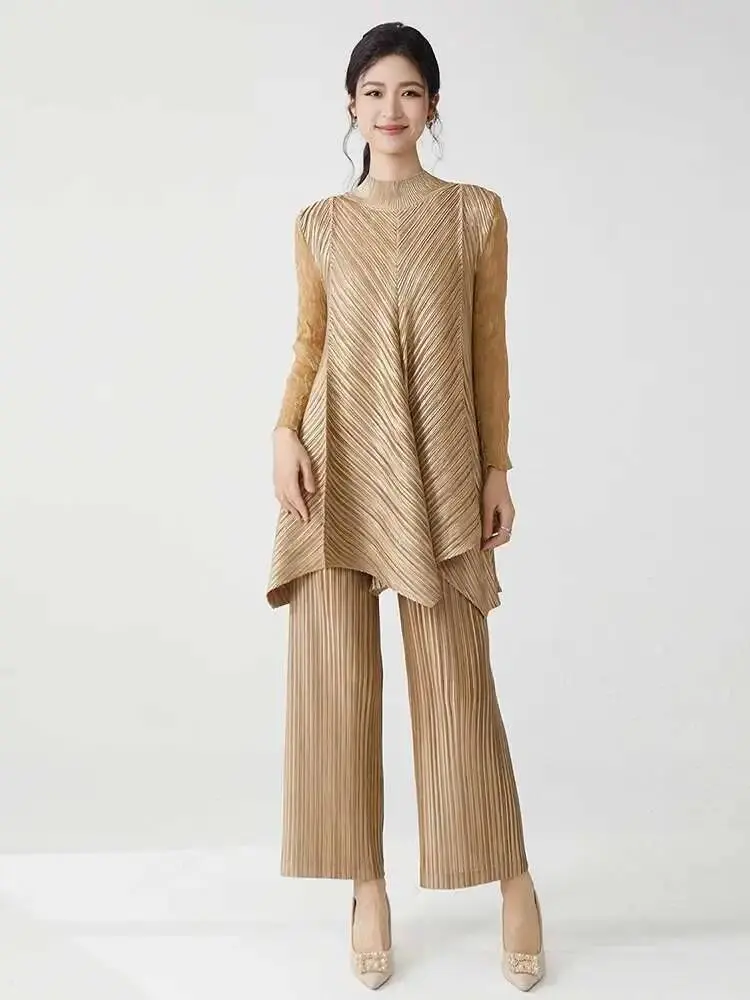LANMREM High Quality Women's Pleated Two Pieces Sets 2025 New Loose Stand Collar Long Tops And Wide Leg Straight Pants 2DB2679