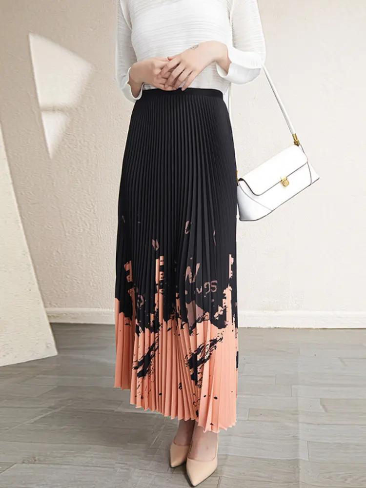 LANMREM Printing Pleated Skirts For Women Color Block Elastic Waist Female Loose Long Elegant Skirt 2025 Spring New 2R9551