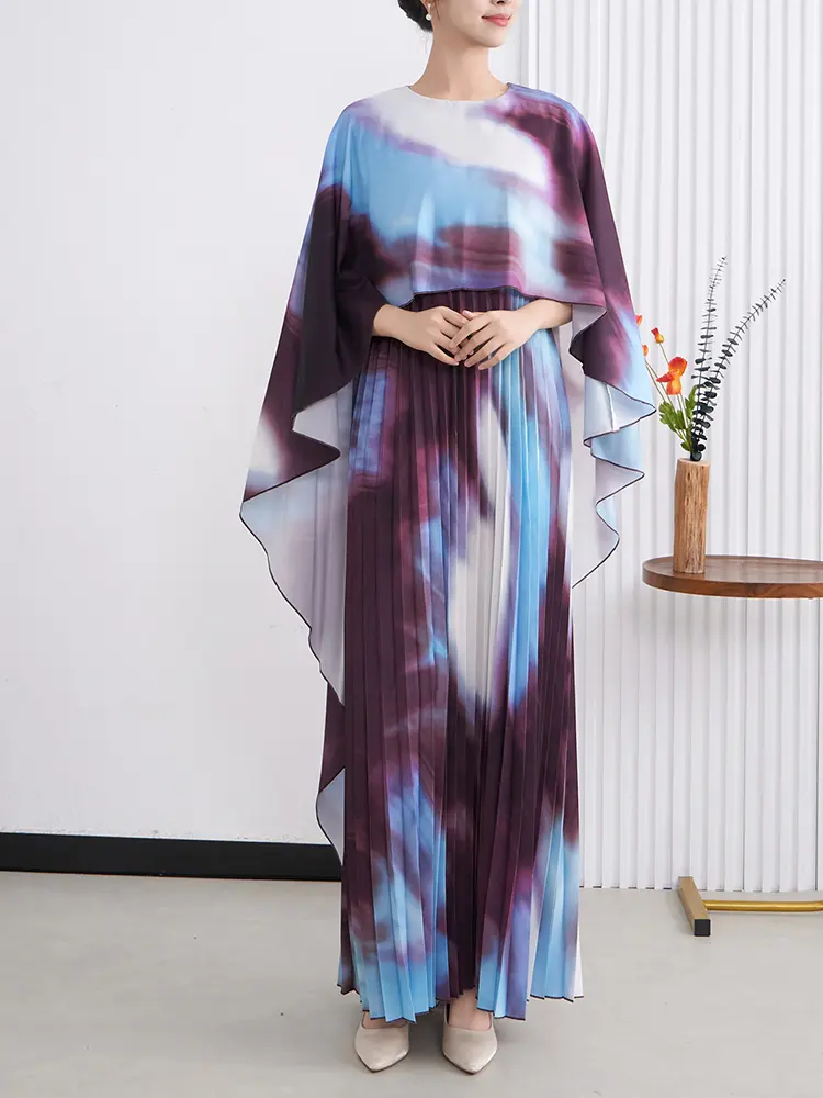 LANMREM Batwing Sleeve Fake Two-Piece Dress For Women Summer New Cape Style Elegant Shawl Long Printing Dresses 2025 New 2DM1028