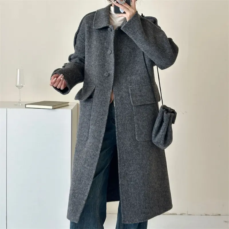 LANMREM Lapel Long Sleeve Single-Breasted Drop Shoulder Women's Wool Coat With Crossbody Bag Loose Koraen Chic Long Coats DB4137