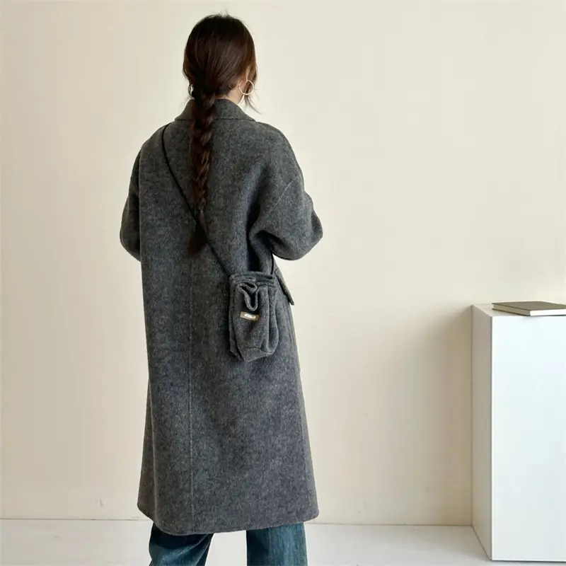 LANMREM Lapel Long Sleeve Single-Breasted Drop Shoulder Women's Wool Coat With Crossbody Bag Loose Koraen Chic Long Coats DB4137