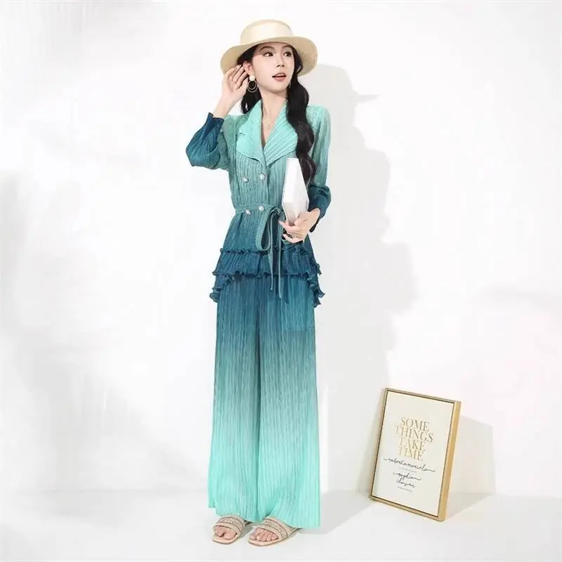 LANMREM Women's New Two Pieces Set Pleated Gradient Blazer Collar Ruffled Long Sleeve Jacket + High Waist Straight Pants 2DB4099
