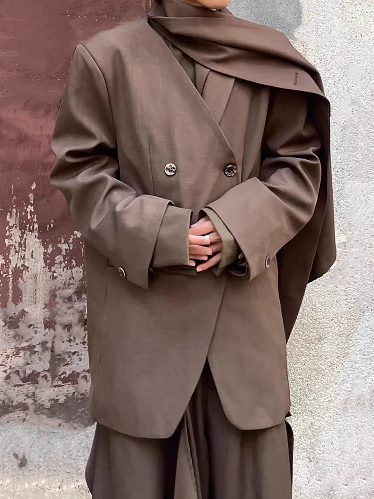 LANMREM Scarf Collar Irregular Blazer Coat Women High Street Office Lady Long Sleeves Solid Color Fashion Coats 2025 New 2DB2012