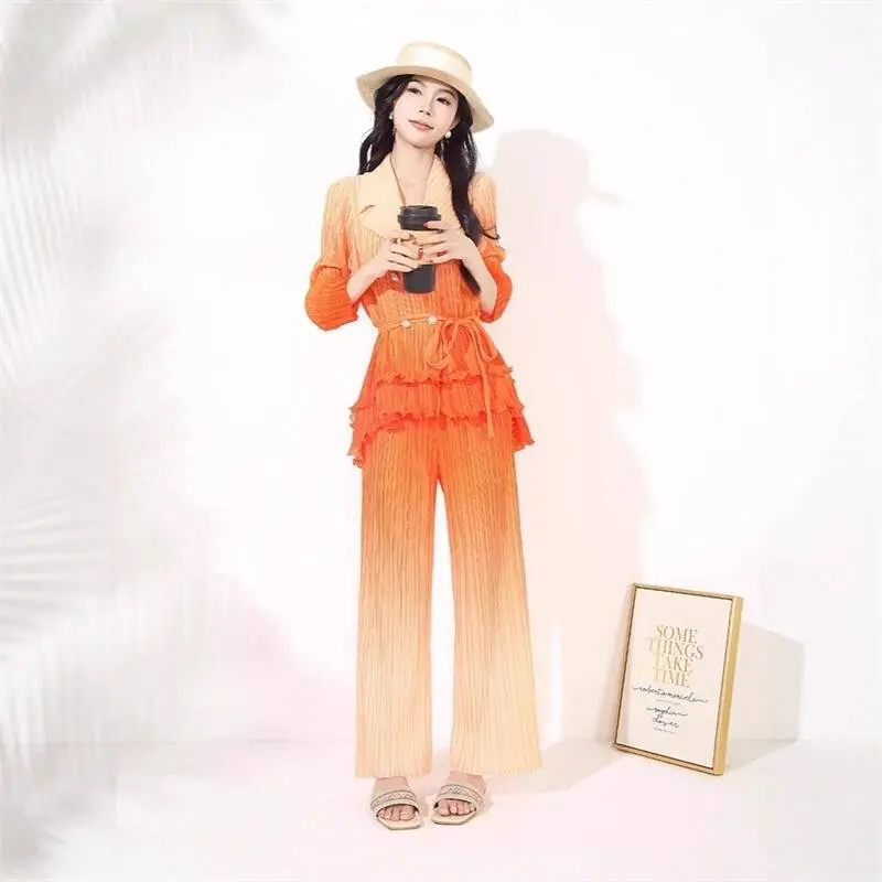 LANMREM Women's New Two Pieces Set Pleated Gradient Blazer Collar Ruffled Long Sleeve Jacket + High Waist Straight Pants 2DB4099