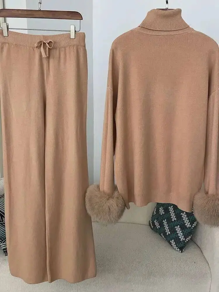LANMREM 2 Pieces Sets For Women High Neck Loose Sweater With Fox Fur Cuffs Wide Leg Trousers 2025 Spring Winter New 2DB1757