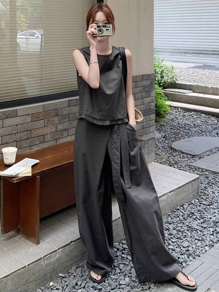 LANMREM Casual Style Fashion Patchwork Backside Buttons Shirts With Wide Leg Trousers Female Two-Piece Set 2025 Summer 2DM1064
