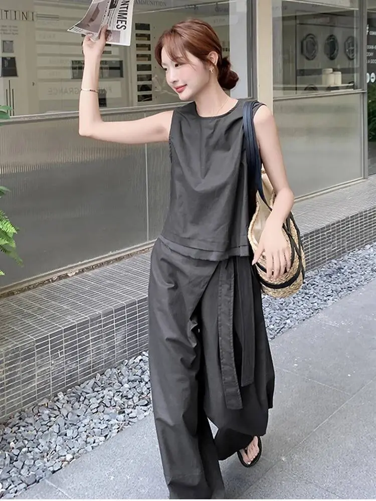 LANMREM Casual Style Fashion Patchwork Backside Buttons Shirts With Wide Leg Trousers Female Two-Piece Set 2025 Summer 2DM1064