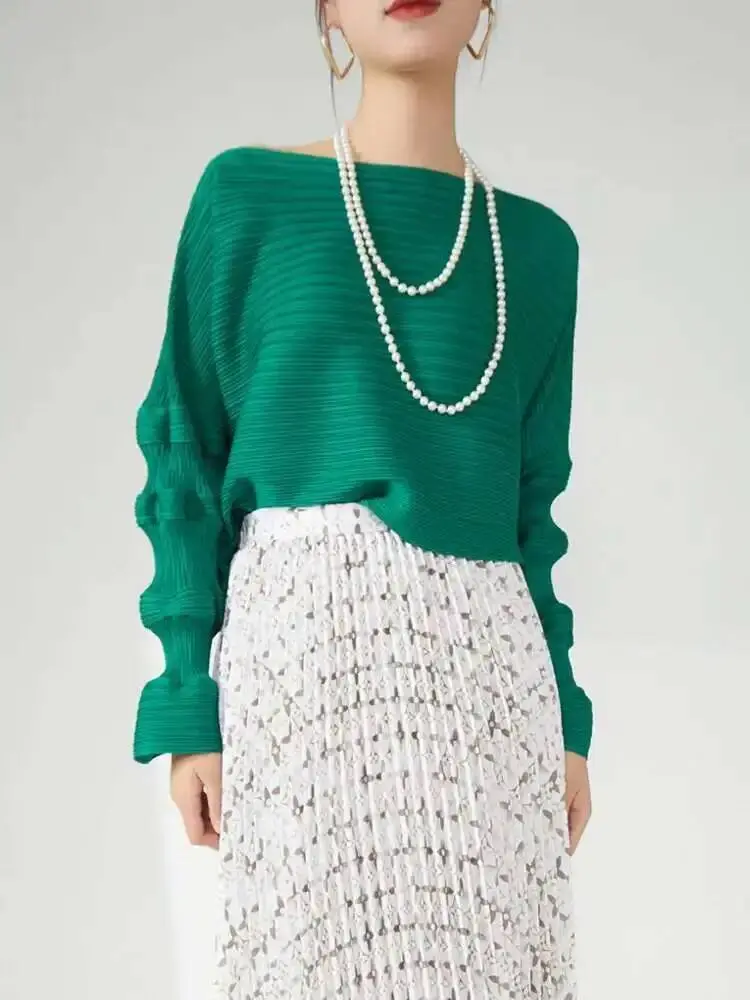 LANMREM Pleated T-shirt For Women With Lantern Sleeve Solid Color Chic Stylre Female Elegant Top 2024 Summer New 2DA6801