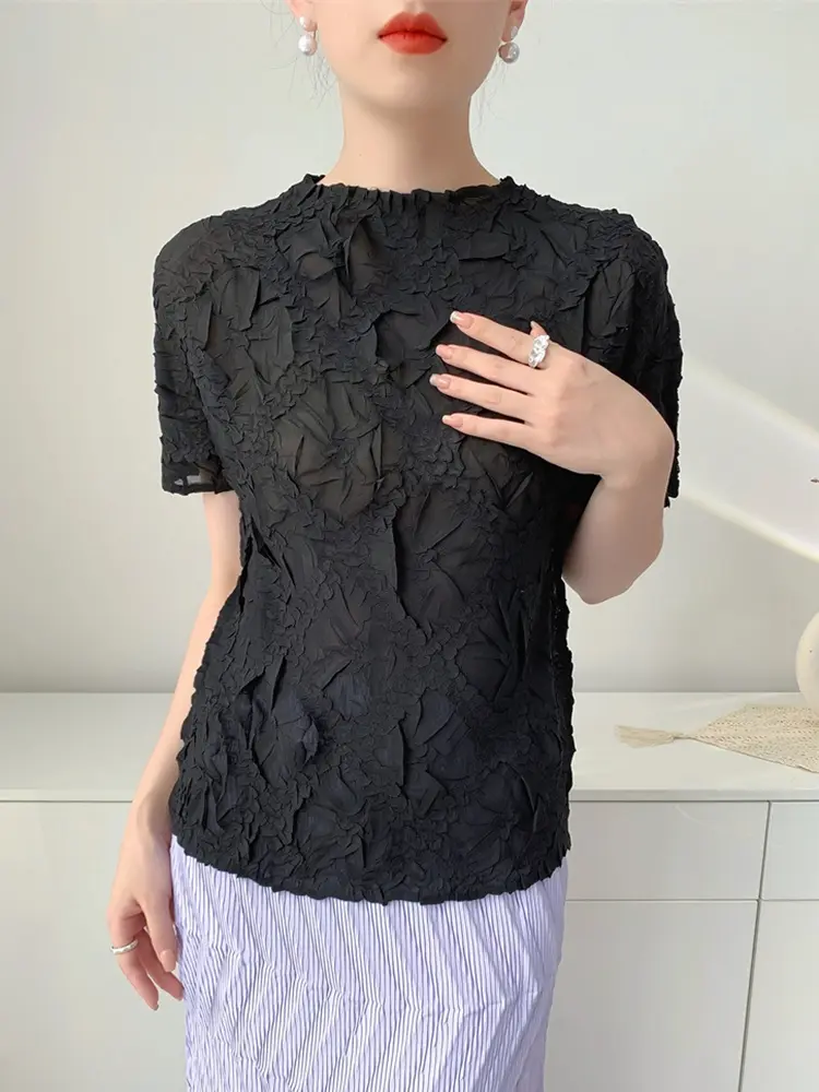 LANMREM Embroidered Summer Pleated Women's T-shirt Ealstic Casual Short Sleeved Pullover Tops Niche Design Elegant Tee 2DB3362