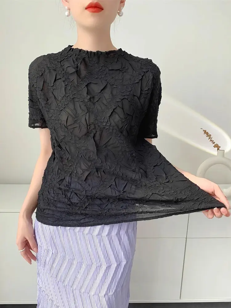LANMREM Embroidered Summer Pleated Women's T-shirt Ealstic Casual Short Sleeved Pullover Tops Niche Design Elegant Tee 2DB3362
