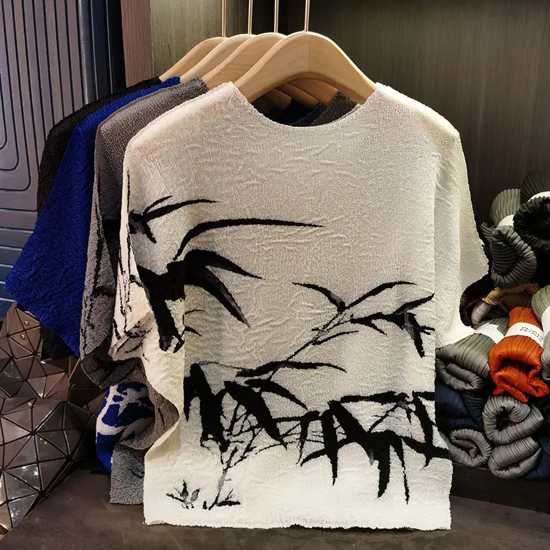 LANMREM Chinese Style Ink Wash Painting Bamboo Printed Pleated T-shirt For Women 2025 New Summer Loose Short Sleeve Top 2DB3291