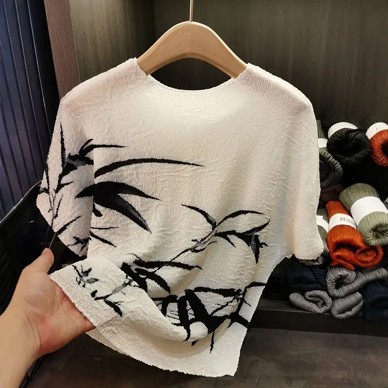 LANMREM Chinese Style Ink Wash Painting Bamboo Printed Pleated T-shirt For Women 2025 New Summer Loose Short Sleeve Top 2DB3291