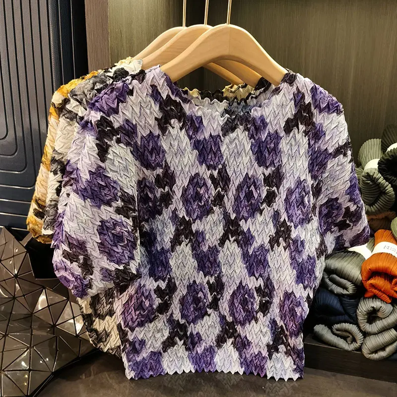 LANMREM High Qualtiy Niche Design Round Neck Printed Women's Pullover Top New Summer Casual Bat Sleeve Pleated T-shirt 2DB3302