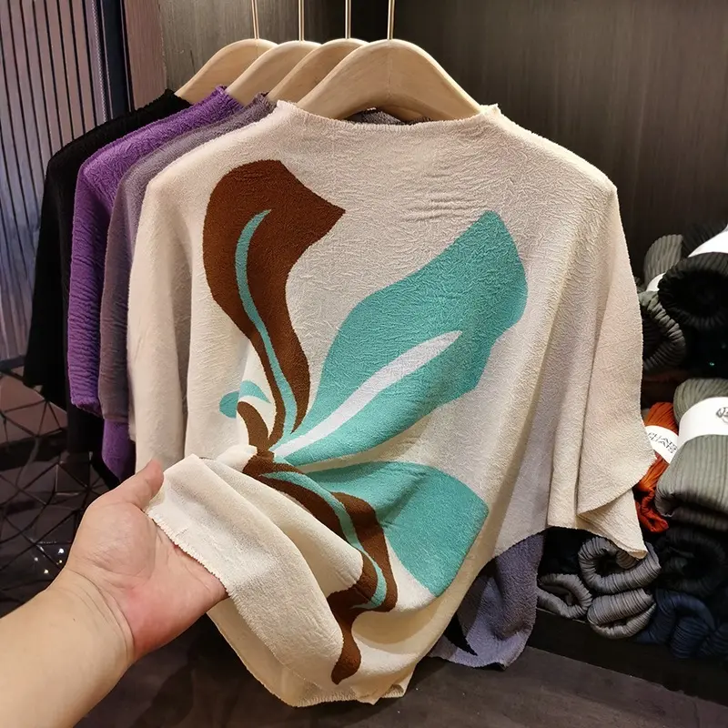 LANMREM Casual Printed Pleated Top Women's Stand Collar Loose Chic Batwing Sleeve Grey Pullover T-shirt Famale Clothing 2DB3342